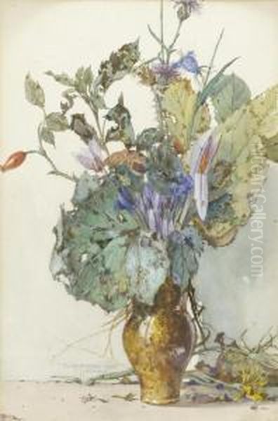 Bunch Of Flowers In A Pottery Vase Oil Painting by Gustav Feith