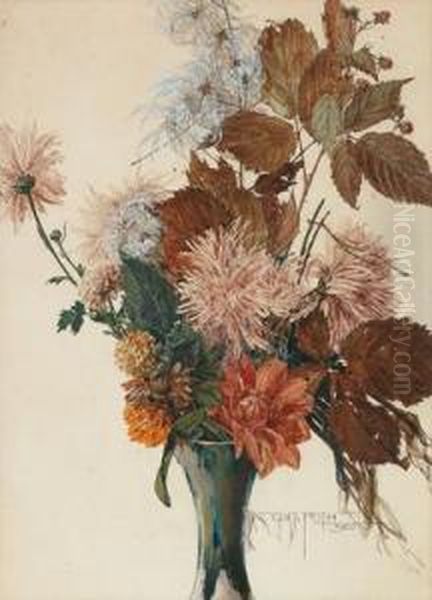 Herbstlicher Straus Mit Blattern Und Chrysanthemen Oil Painting by Gustav Feith