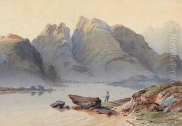 Bergsee Und Angler Oil Painting by Ferdinand Feldhutter