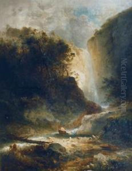 Wasserfall In Den Tiroler Bergen Oil Painting by Ferdinand Feldhutter