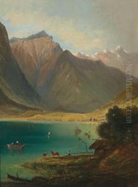 View Of The Achensee With The Pertisau Oil Painting by Ferdinand Feldhutter