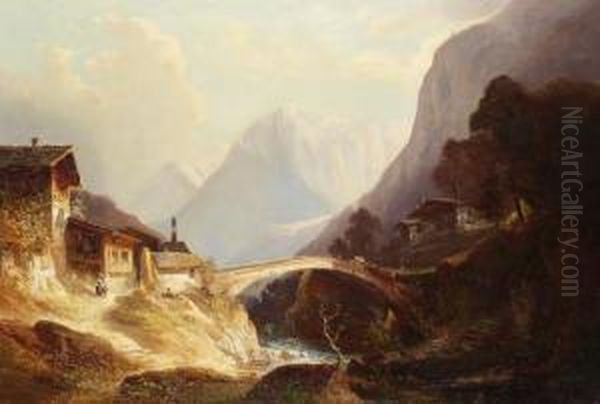 Zugeschrieben - Tiroler Landschaft Mit Brucke Oil Painting by Ferdinand Feldhutter