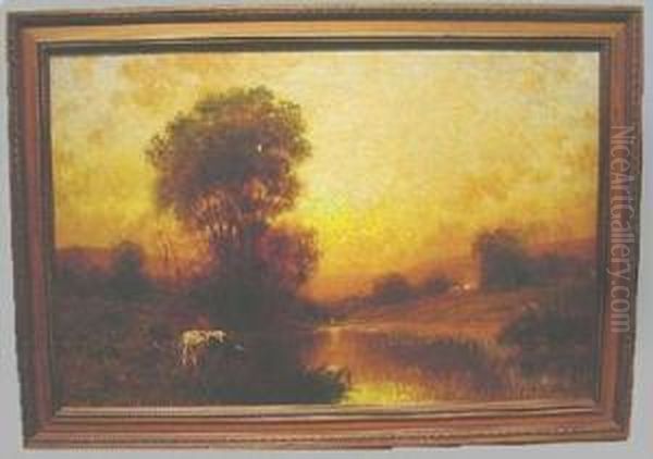 Sunset River Landscape With Cattle Oil Painting by Karl Eugen Felix