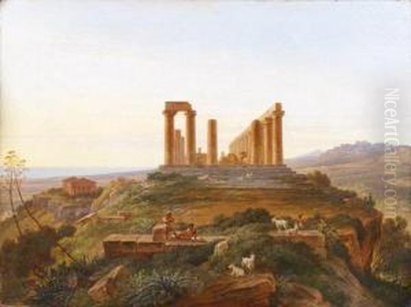 Bergers Pres Du Temple D'hera A Agrigente Oil Painting by Theodore Caruelle d' Aligny