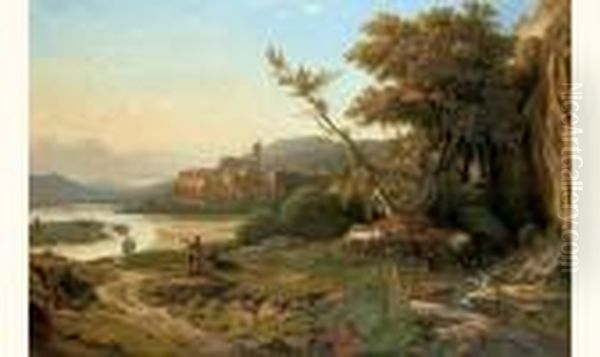 Vue De Viviez (arrondissement De Privas, Pres Du Rhone) Oil Painting by Theodore Caruelle d' Aligny