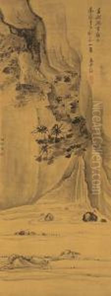 Chrysanthemum Above A Waterfall Oil Painting by Gao Fenghan