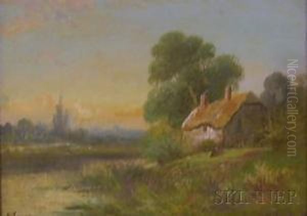 View With A Cottage By A Lake. Oil Painting by Robert Robin Fenson