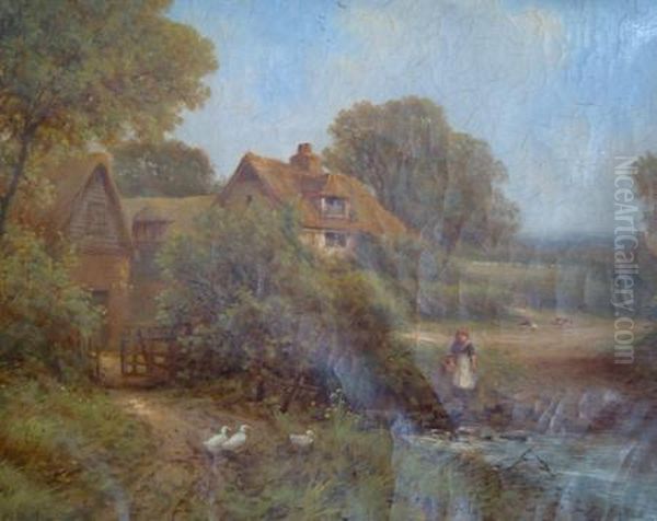 Maidservant With Ducks Near A Cottage Oil Painting by Robert Robin Fenson