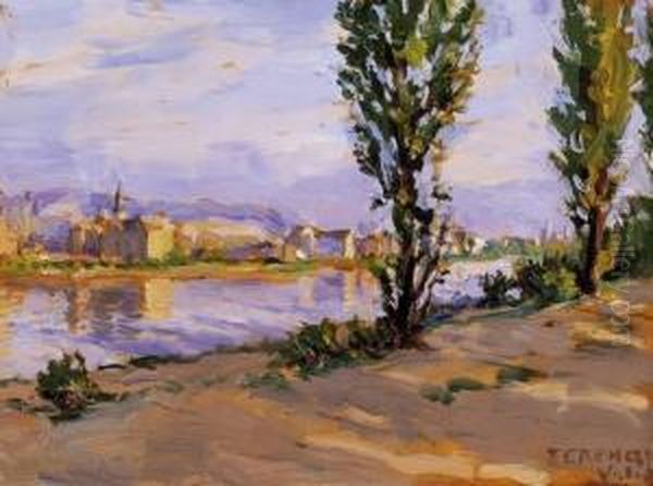 Sunlit Riverside With Houses In The Background Oil Painting by Valer Ferenczy