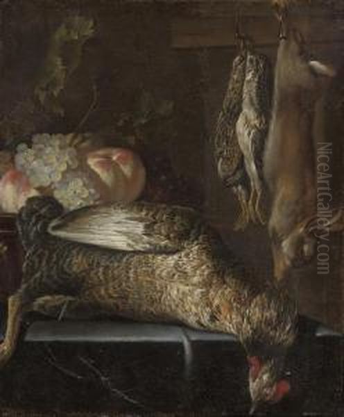 Dead Game And Fowl, Peaches And Grapes On A Ledge Oil Painting by William Gowe Ferguson