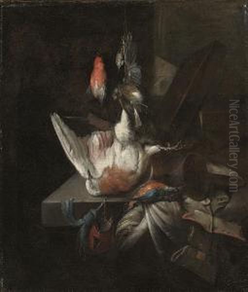 Still Life Of A Dead Partridge 
And Other Birds, And Implements Of The Chase On A Draped Stone Ledge Oil Painting by William Gowe Ferguson