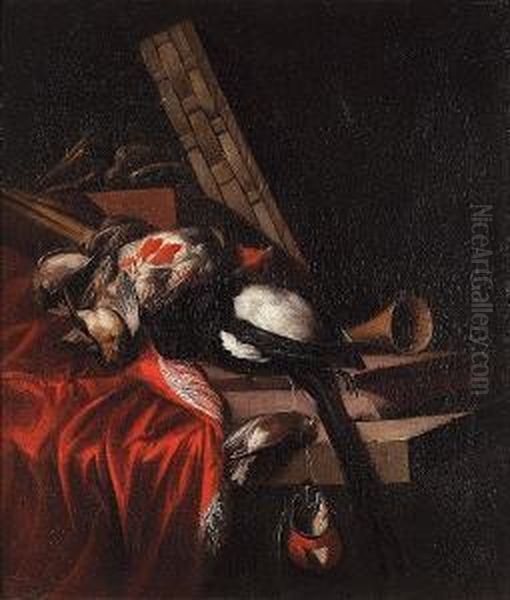 A Falconry Still Life With A 
Dead Partidge, Magpie And Song Birds On A Draped Ledge With A Basket, 
Horn And A Falcon Hood Oil Painting by William Gowe Ferguson