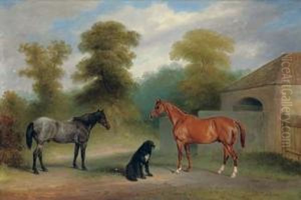 A Chestnut Hunter With A Roan Pony And Dog Before A Stable Oil Painting by Claude L. Ferneley