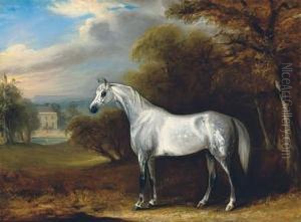 A Grey Arabian In A Landscape, 
With The South Front Of Hollin Hall, North Yorkshire Beyond Oil Painting by John Jnr. Ferneley