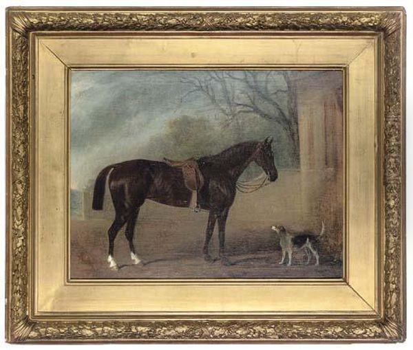 A Chestnut Hunter And Foxhound In A Courtyard Oil Painting by John Jnr. Ferneley