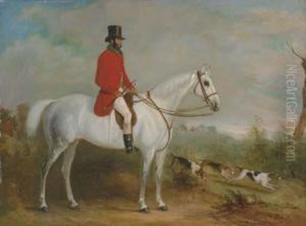 A Gentleman On A Grey Hunter With Hounds In A Landscape, A Huntgone Away Beyond Oil Painting by John Jnr. Ferneley