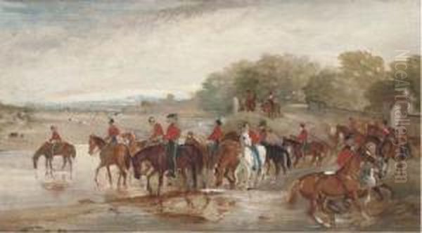 Officers Watering Their Horses At A River; And A Saddled Hunter By A Country House Oil Painting by John Jnr. Ferneley