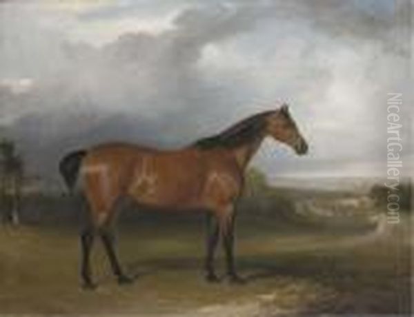 A Bay Hunter In A Landscape With
 Figures And Horses By A Path Inthe Distance And A Town Beyond Oil Painting by John Jnr. Ferneley