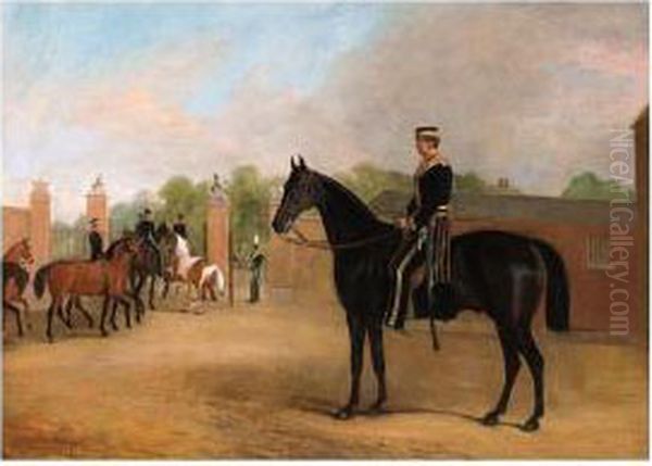 A Mounted Cavalry Officer In A Courtyard At Hyde Park Oil Painting by John Jnr. Ferneley