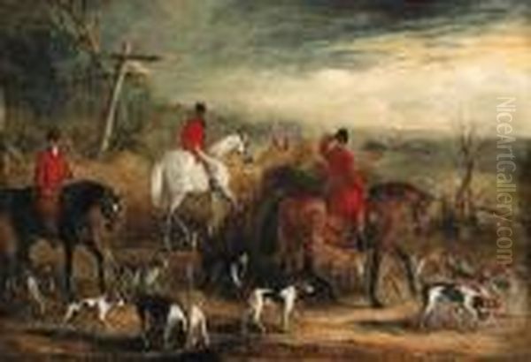 Huntsmen And Hounds At A Crossroads Oil Painting by John Jnr. Ferneley