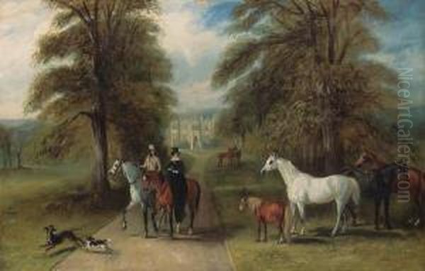 A Lady And A Gentleman Setting 
Out Riding, In The Park Of A Countryhouse, Possibly Barlborough Hall, 
Derbyshire, Visible Through Anavenue Of Trees Beyond Oil Painting by John Jnr. Ferneley