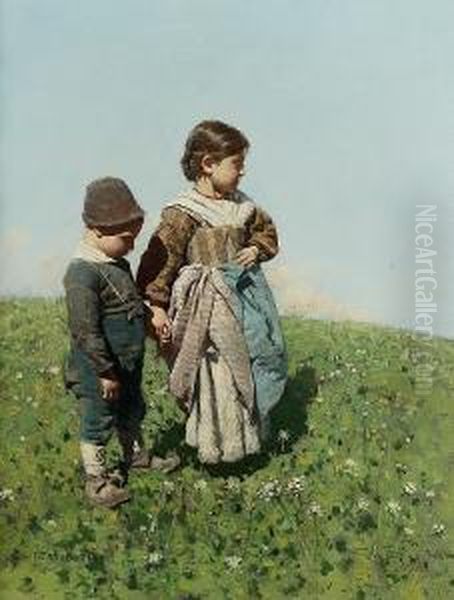 Children In A Meadow Oil Painting by Arnaldo Ferraguti