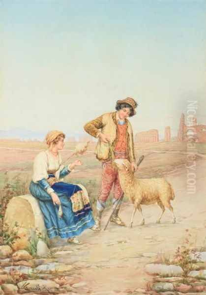 The Sheep's Reward In The Roman Campagna Oil Painting by Carlo Ferranti