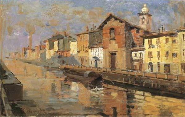 Il Naviglio A Milano Oil Painting by Arturo Ferrari