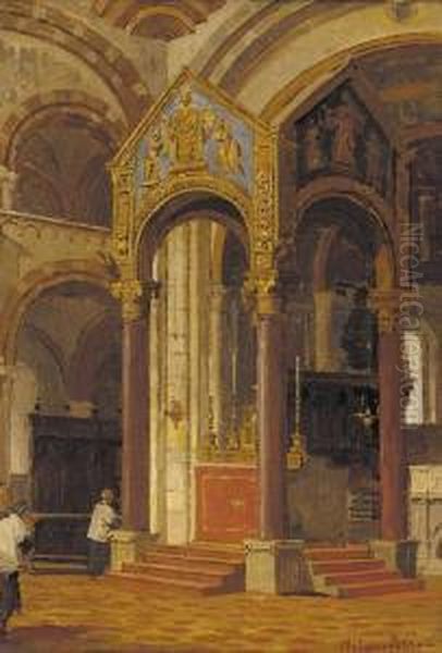 Choir Boys In A Church Interior; And A Mother And Child In A Church Interior Oil Painting by Arturo Ferrari