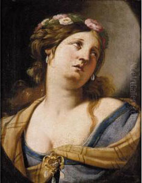 Portrait Study Of A Woman, Bust-length, Wearing Roses In Her Hair Oil Painting by Luca Da Reggio (Ferrari)