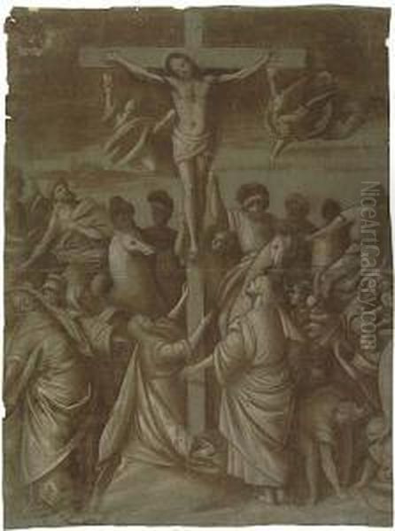 Christ On The Cross Surrounded By Saints, Angels And Soldiers<</b> Oil Painting by Gaudenzio Ferrari