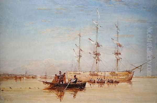 A Man-o'-War at Anchor in the Thames Oil Painting by David Cox