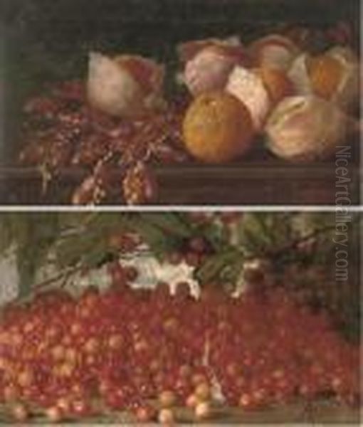 Dates And Oranges On A Table; And Cherries On A Table Oil Painting by Augusto Ferri