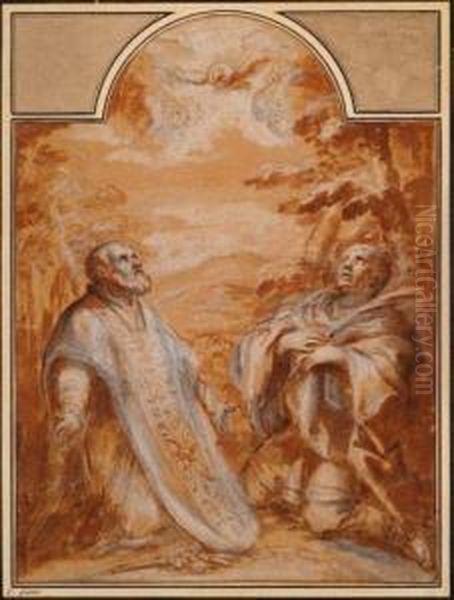 Le Saint Esprit Apparaissant A Saint Philippe Neri Et A Un Autre Saint Oil Painting by Ciro Ferri