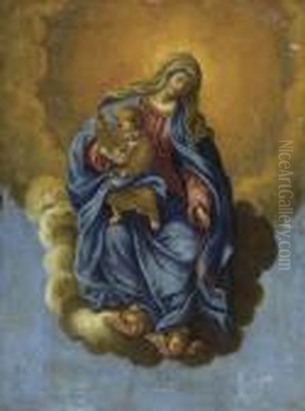 Heilige Maria Mit Kind Auf Wolke Mit 2 Puttenkopfen. Oil Painting by Ciro Ferri