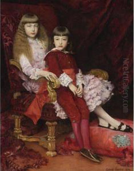 Portrait Of The Duc De Chartres'
 Children: The Duc De Guise And One Of His Sisters, The Future Duchesse 
De Magenta Oil Painting by Gabriel Joseph Marie Augustin Ferrier