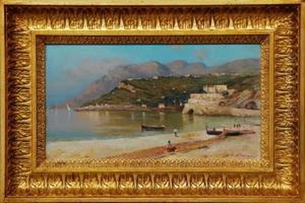 Paesaggio Con Barche In Riva Al Mare Oil Painting by Antonio Ferrigno