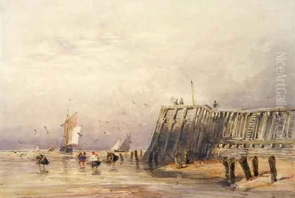 Seascape with Sailing Barges and Figures Wading Off-Shore, 1832 Oil Painting by David Cox