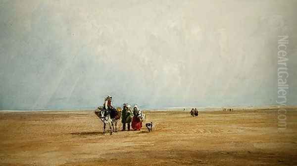 Figures with a Donkey on a French Beach Oil Painting by David Cox