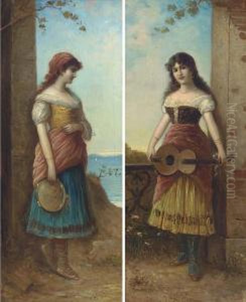 The Tambourine Girl; And The Guitar Player Oil Painting by Egisto Ferroni