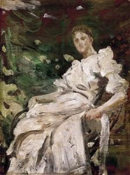 Woman In White Dress Oil Painting by Arpad Feszty