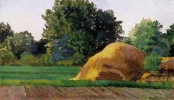 Landscape With A Haystack Oil Painting by Arpad Feszty