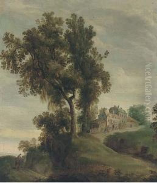 A Partly Wooded Landscape With Travellers On A Track Near Avillage Oil Painting by Domenico Fetti