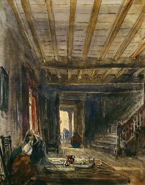 Interior with Figures at a Table Oil Painting by David Cox