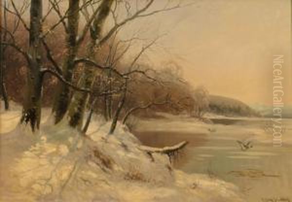 Winterly Lake Landscape With Flying Wild Ducks Oil Painting by Carl Fey