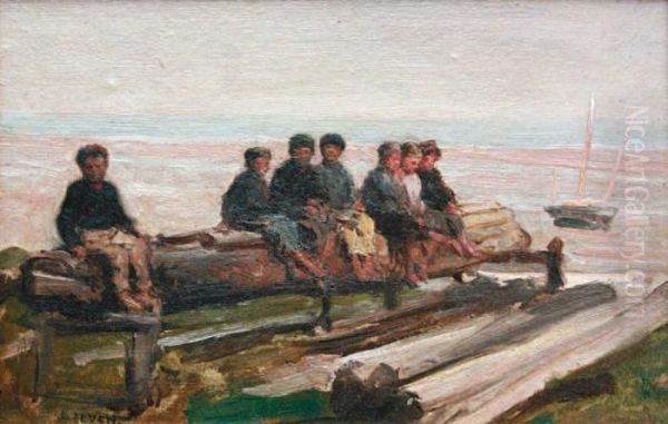 Enfants Assis Sur Un Rondin Au Bord D'uneplage Oil Painting by Jacques Eugene Feyen