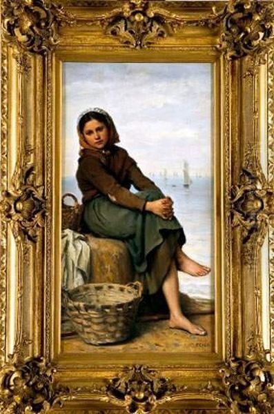 Femme De Pecheur Attendant La Rentree Des Bateaux Oil Painting by Jacques Eugene Feyen