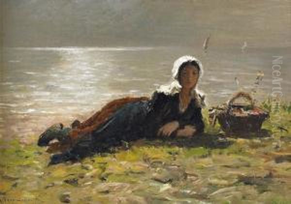 Liegende Trachtenfrau An Der Kuste. Oil Painting by Francois N. Auguste Feyen-Perrin