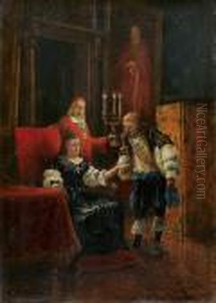 Louis Xiii Rendant Visite A Anne D'autriche Et Au Cardinalrichelieu Oil Painting by Benjamin Eugene Fichel