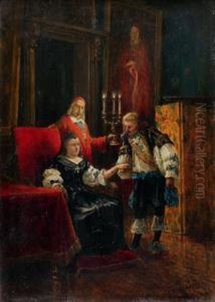 Louis Xiii Rendant Visite A Anne D'autriche Et Au Cardinal Richelieu Oil Painting by Benjamin Eugene Fichel